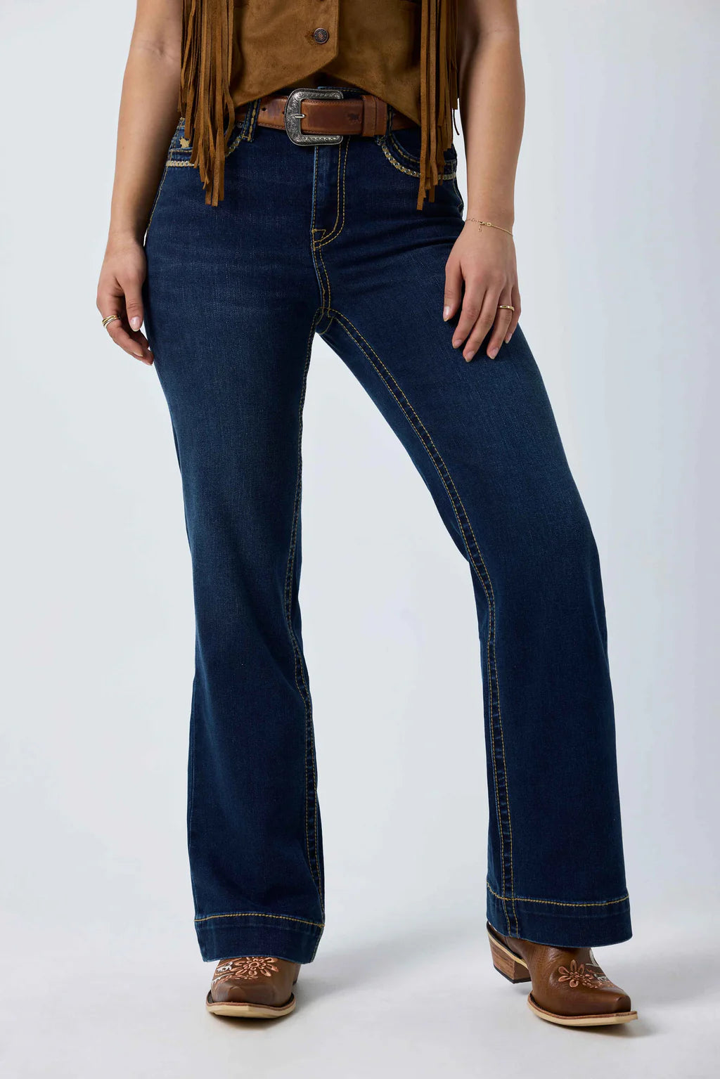 Ringers Western Women's Indi Rodeo Saddle Stitch High Rise Wide Bootleg Jean - Dark Blue