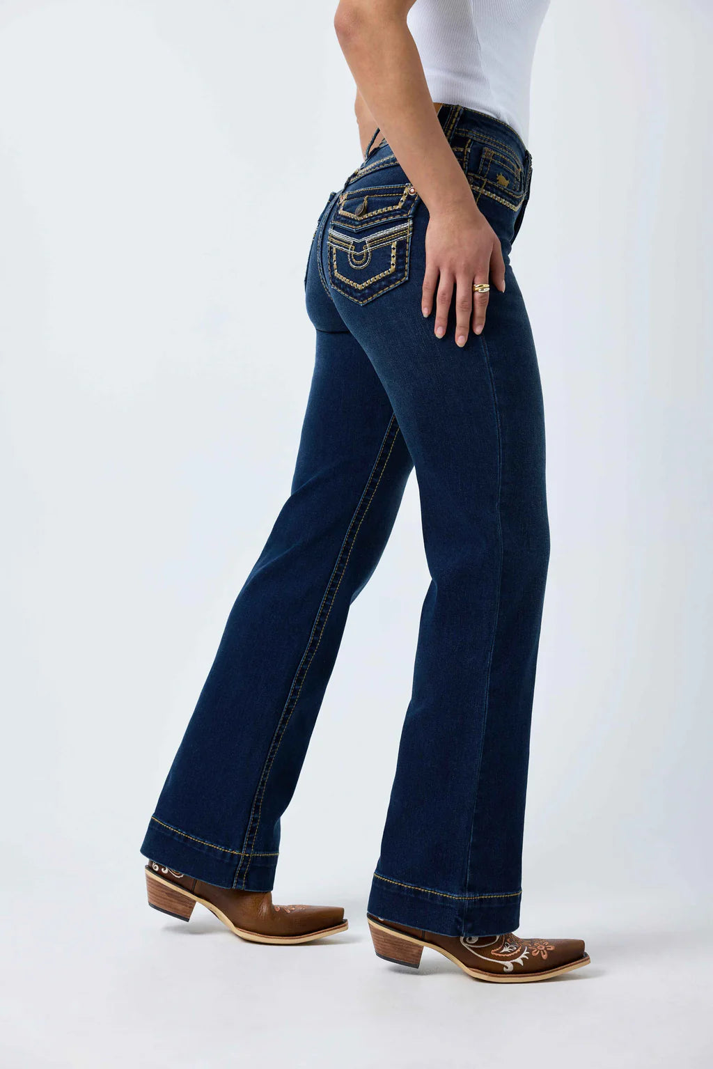 Ringers Western Women's Indi Rodeo Saddle Stitch High Rise Wide Bootleg Jean - Dark Blue