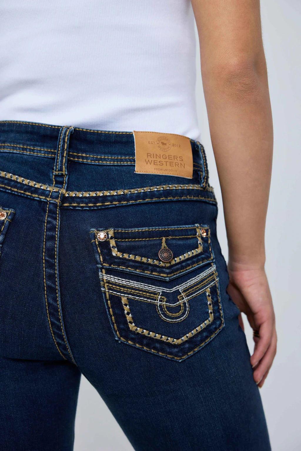 Ringers Western Women's Indi Rodeo Saddle Stitch High Rise Wide Bootleg Jean - Dark Blue