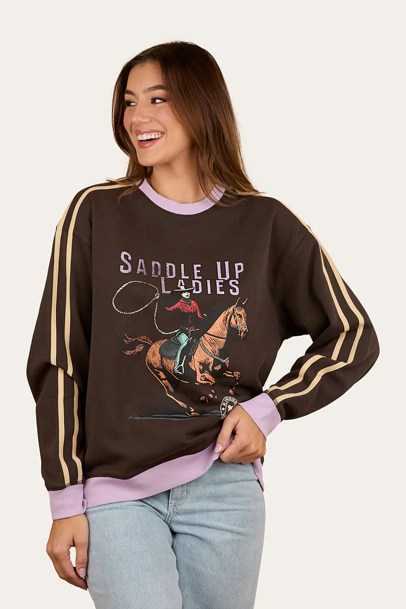Ringers Western Women's Saddle Up Pullover Crew - Charcoal/Lavender