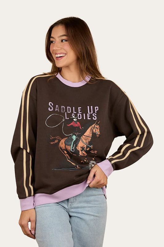 Ringers Western Women's Saddle Up Pullover Crew - Charcoal/Lavender