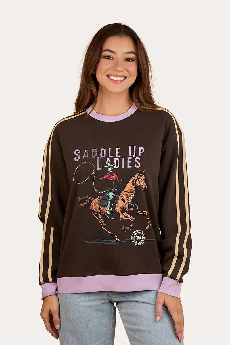 Ringers Western Women's Saddle Up Pullover Crew - Charcoal/Lavender