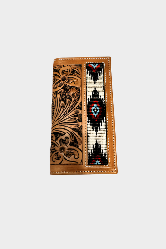 Challenger Mens Western Floral Tooled Leather Aztec Beaded Rodeo Wallet - 18RSW80R