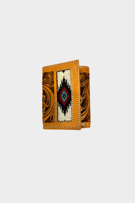 Challenger Mens Western Floral Tooled Leather Aztec Beaded Tri-Fold Wallet - 18RSW80T