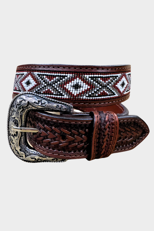 Challenger Western 1-1/2 Floral Tooled Gator Inlay Full-Grain Tan Belt