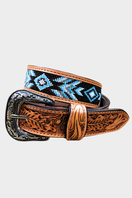 Challenger Western 1-1/2 Wide Oak Leaf Tooled Beaded Leather Belt