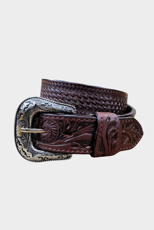 Challenger Western 1-1/2 BasketWeave Floral Tooled Full-Grain Leather Belt - Brown