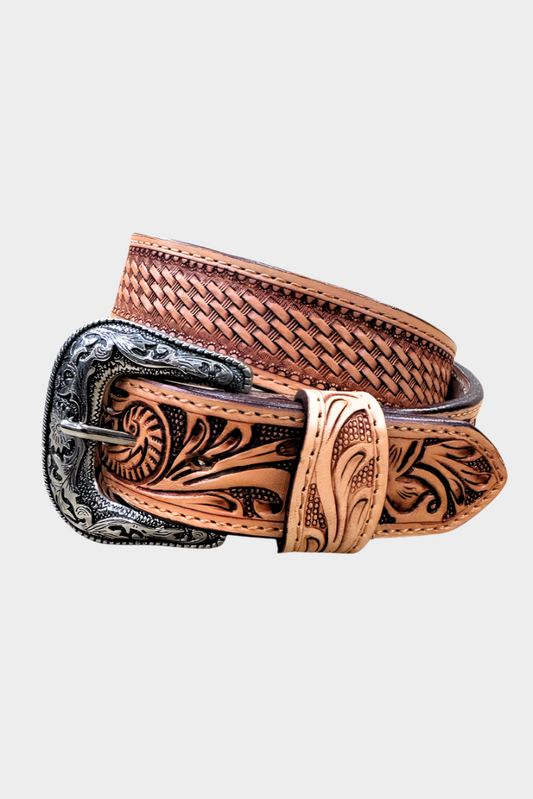 Challenger Western 1-1/2 BasketWeave Floral Tooled Full-Grain Leather Belt