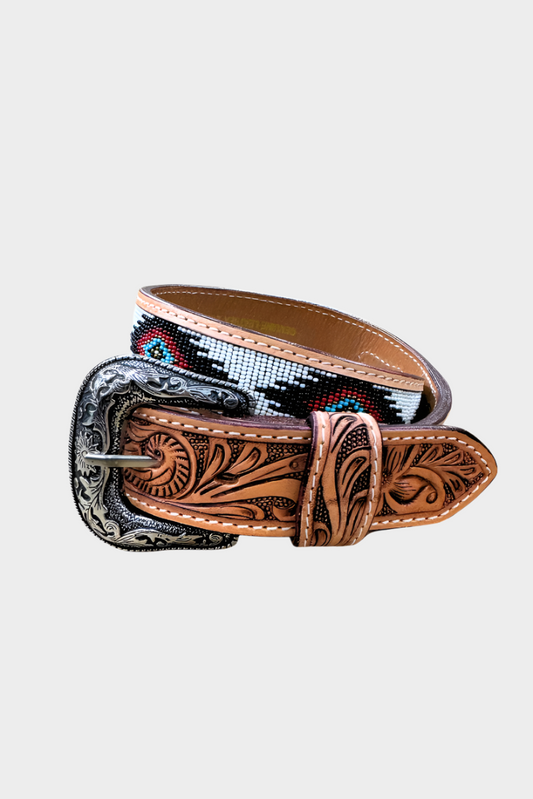 Challenger Western 1-1/2 Wide Tooled Beaded Full-Grain Leather Belt