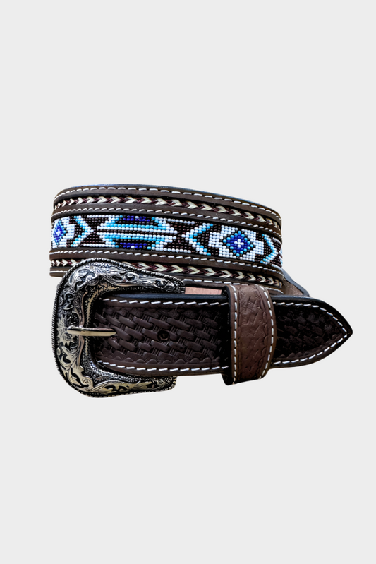Challenger Western 1-3/4 Tapered Basket Weave Floral Tooled Beaded Full-Grain Leather Belt