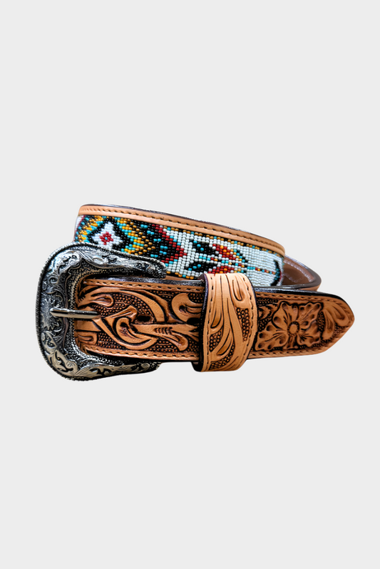 Challenger Western 1-1/2 Floral Tooled Beaded Inlay Full-Grain Leather Belt