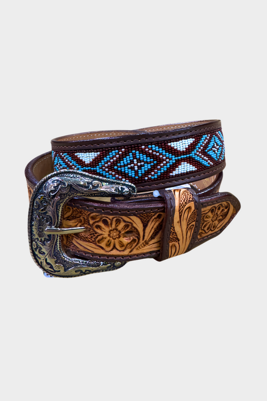 Challenger Western 1-1/2"Wide Antique Floral Tooled Beaded Full-Grain Leather Belt