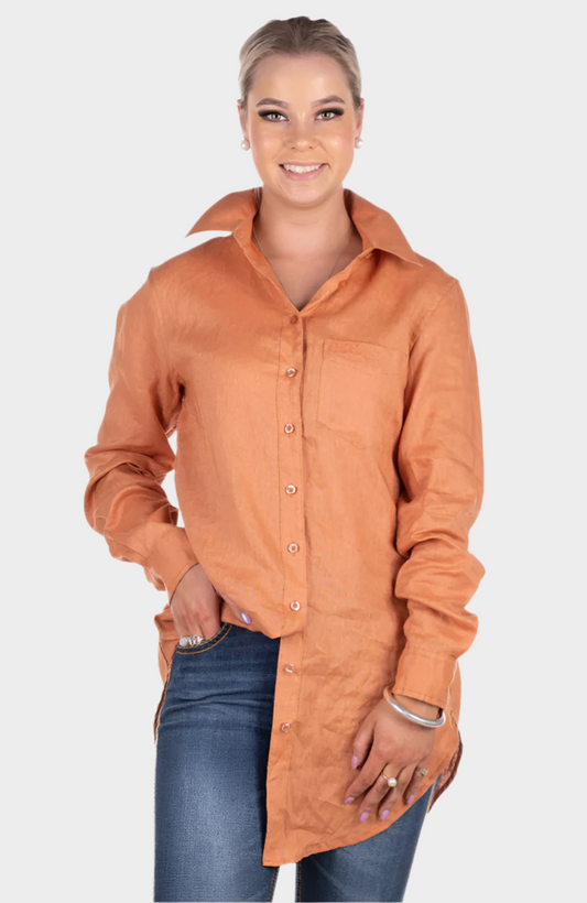 HITCHLEY & HARROW LINEN COLLECTION - LC04-1 SOFT RUST LONG-LINE LINEN SHIRT