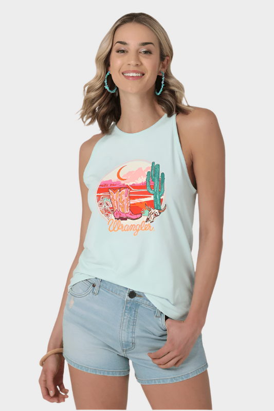 WOMEN'S WRANGLER COWGIRL BOOTS SUNSET GODDESS TANK IN BLUE OPAL