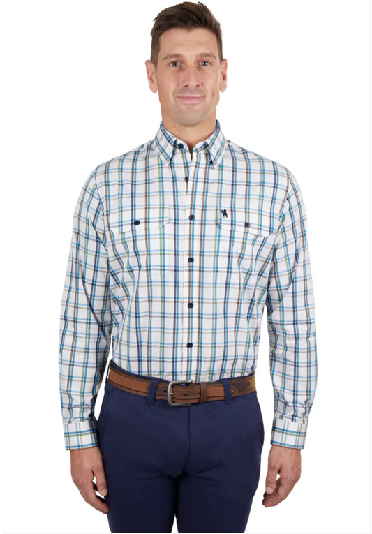 THOMAS COOK MENS PAUL CHECK L/S SHIRT (BLUE/WHITE) -Clearance