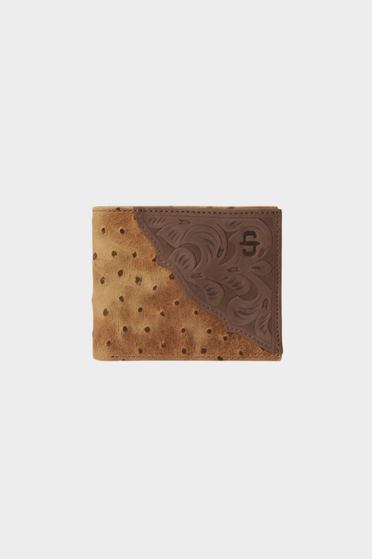 Stetson Tooled Embossed Ostrich Bi-Fold Wallet - Brown / California Nut