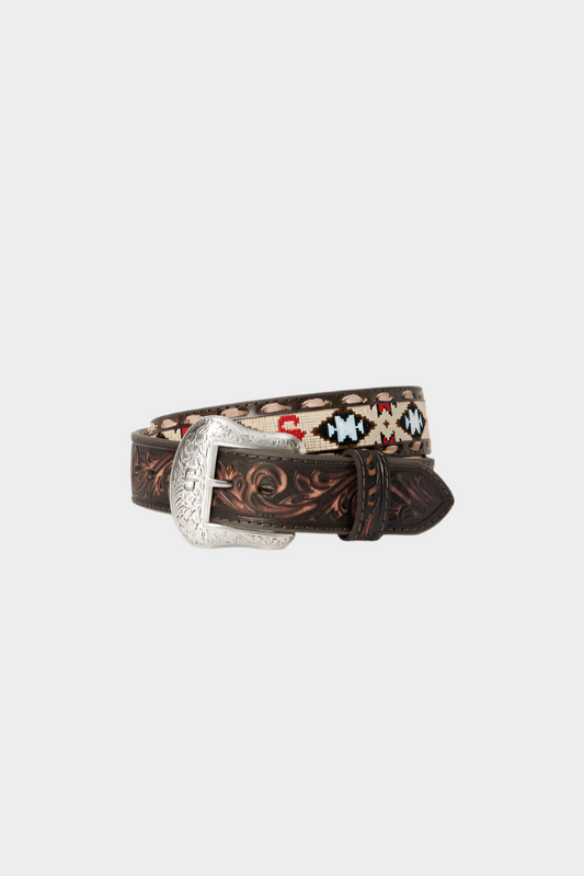 Stetson Embroidered Tooled Tab Belt - Vintage Brown 38mm