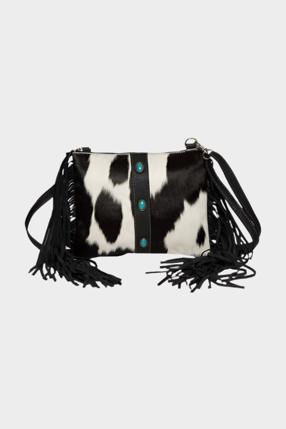 The Design Edge Cowhide Clutch Bag With Turquoise Stonework and Fringes – Mornington (AB76)