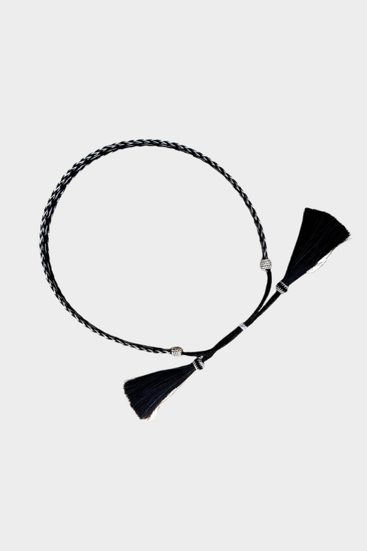Austin Accent Horse Hair Hat Band Five Strand Black/White W/ Black Tails and 2 Black Tassels