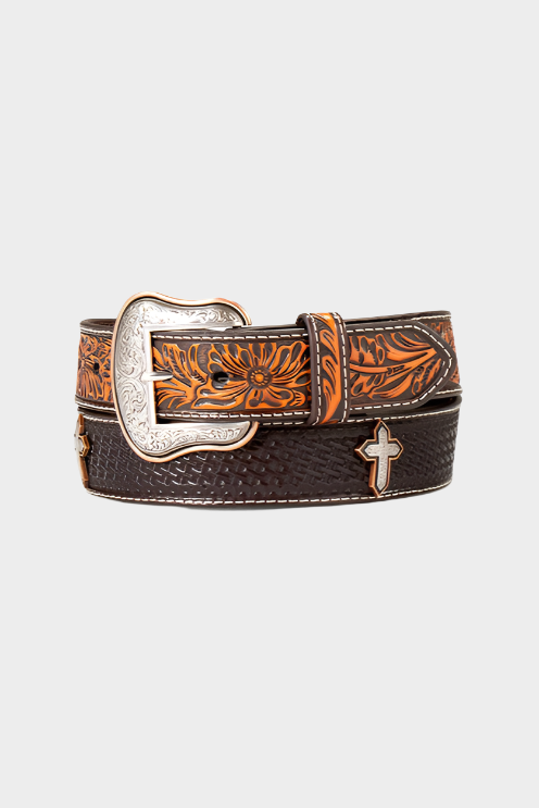 Ariat Men's Leather Basketweave Floral Cross Belt - Conchos Brown
