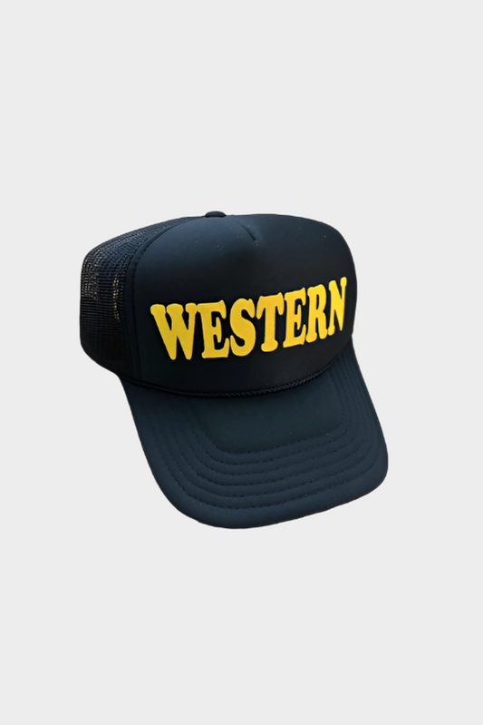 Rodeo Hippie  WESTERN MUSTARD FLOCK BLACK TRUCKER