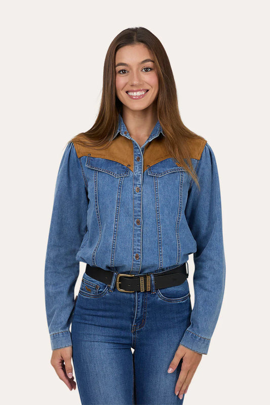 Ringers Western Women's Sheridan Faux Suede Trim Shirt - Mid Blue