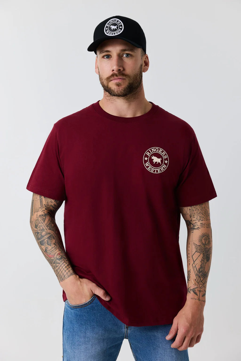 Ringers Western Mens Signature Bull Loose T-Shirt - Plum/Beige