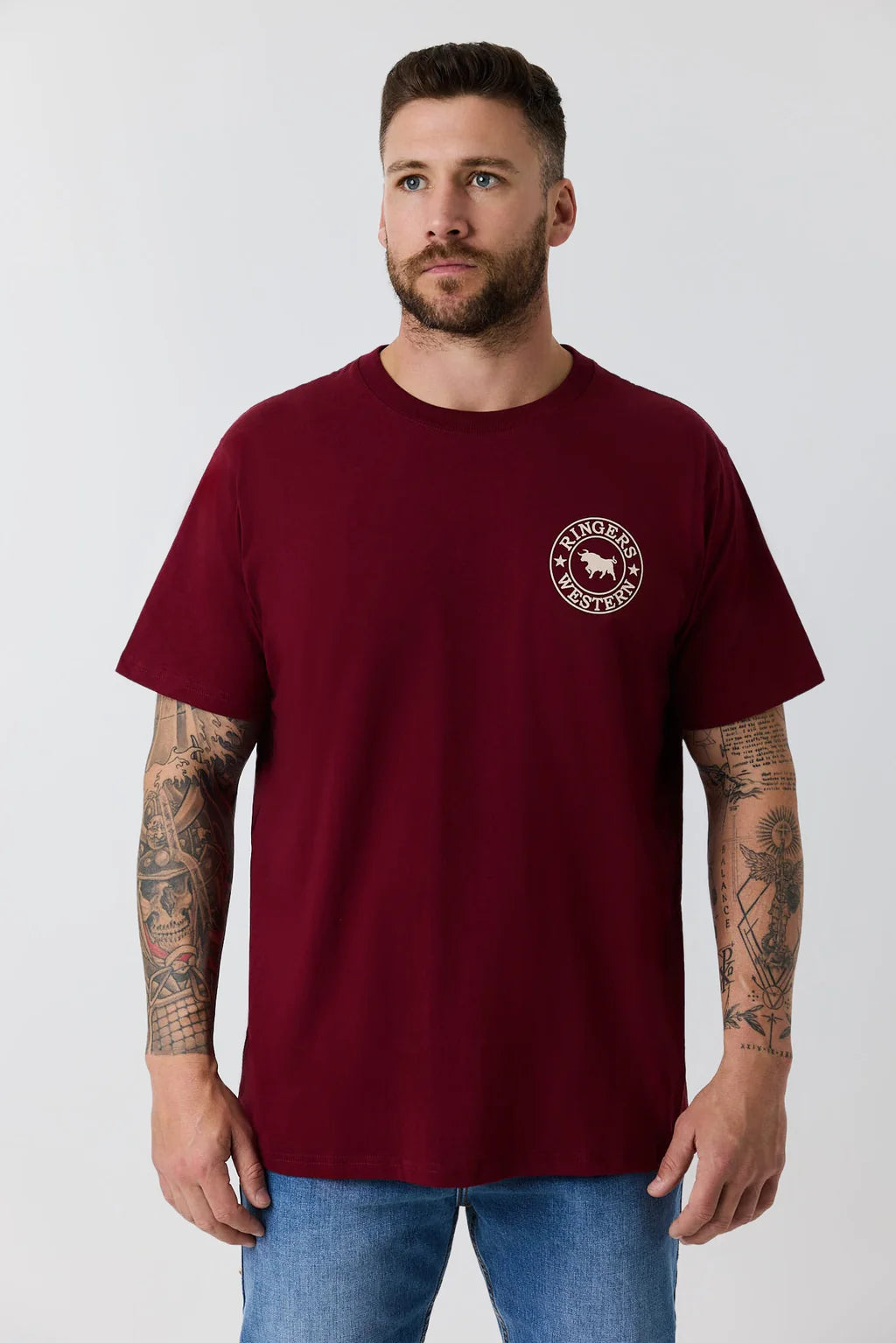 Ringers Western Mens Signature Bull Loose T-Shirt - Plum/Beige