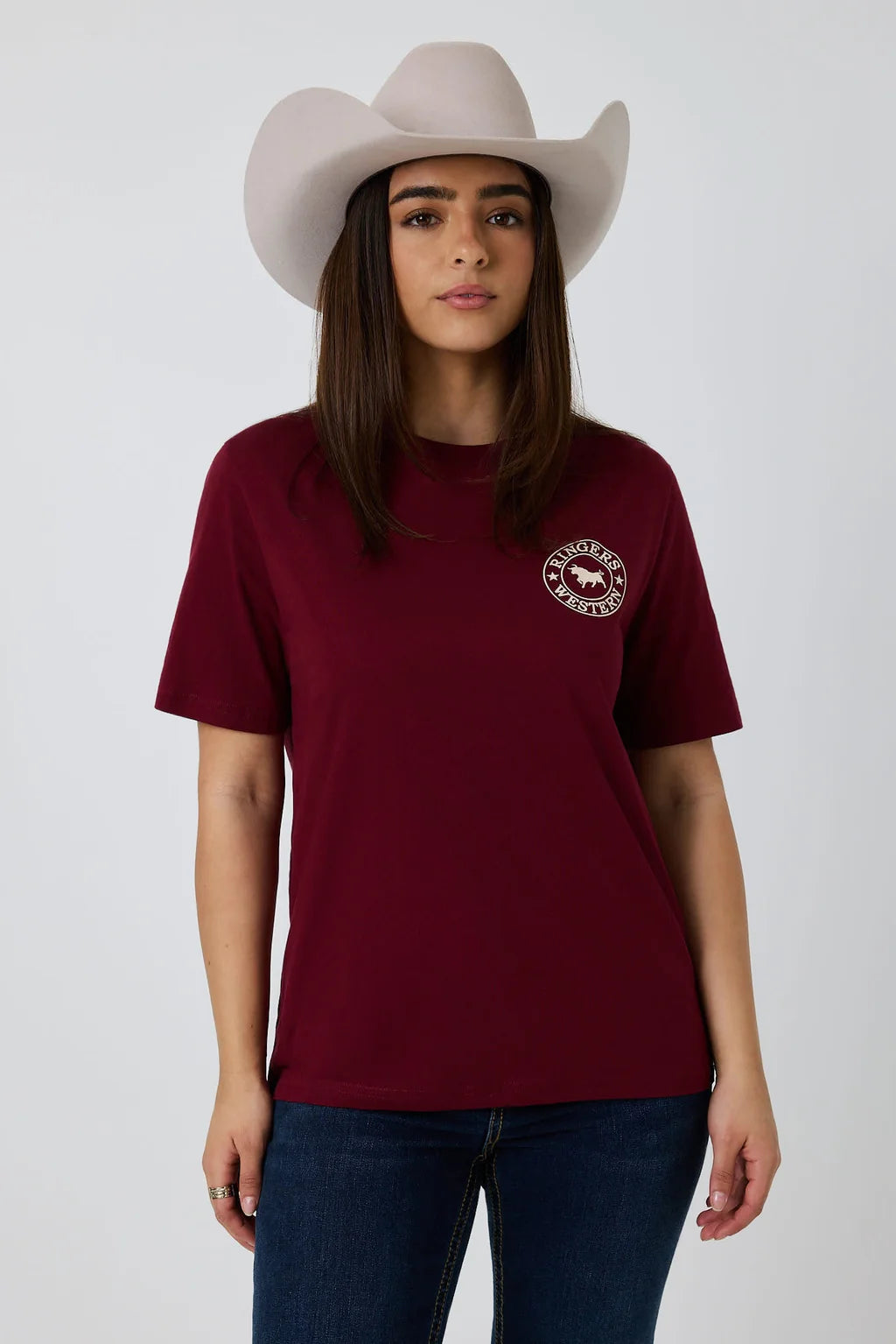 Ringers Western Womens Signature Bull Loose Fit  T-Shirt - Plum/Beige