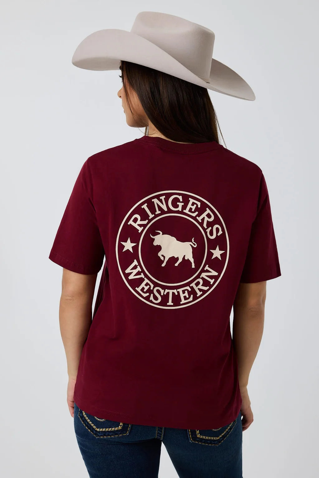 Ringers Western Womens Signature Bull Loose Fit  T-Shirt - Plum/Beige