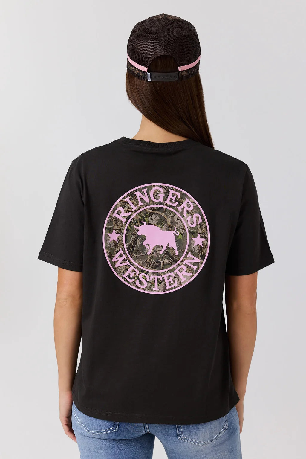 Ringers Western Women’s Signature Bull Loose T-Shirt - Charcoal/Pink Camo