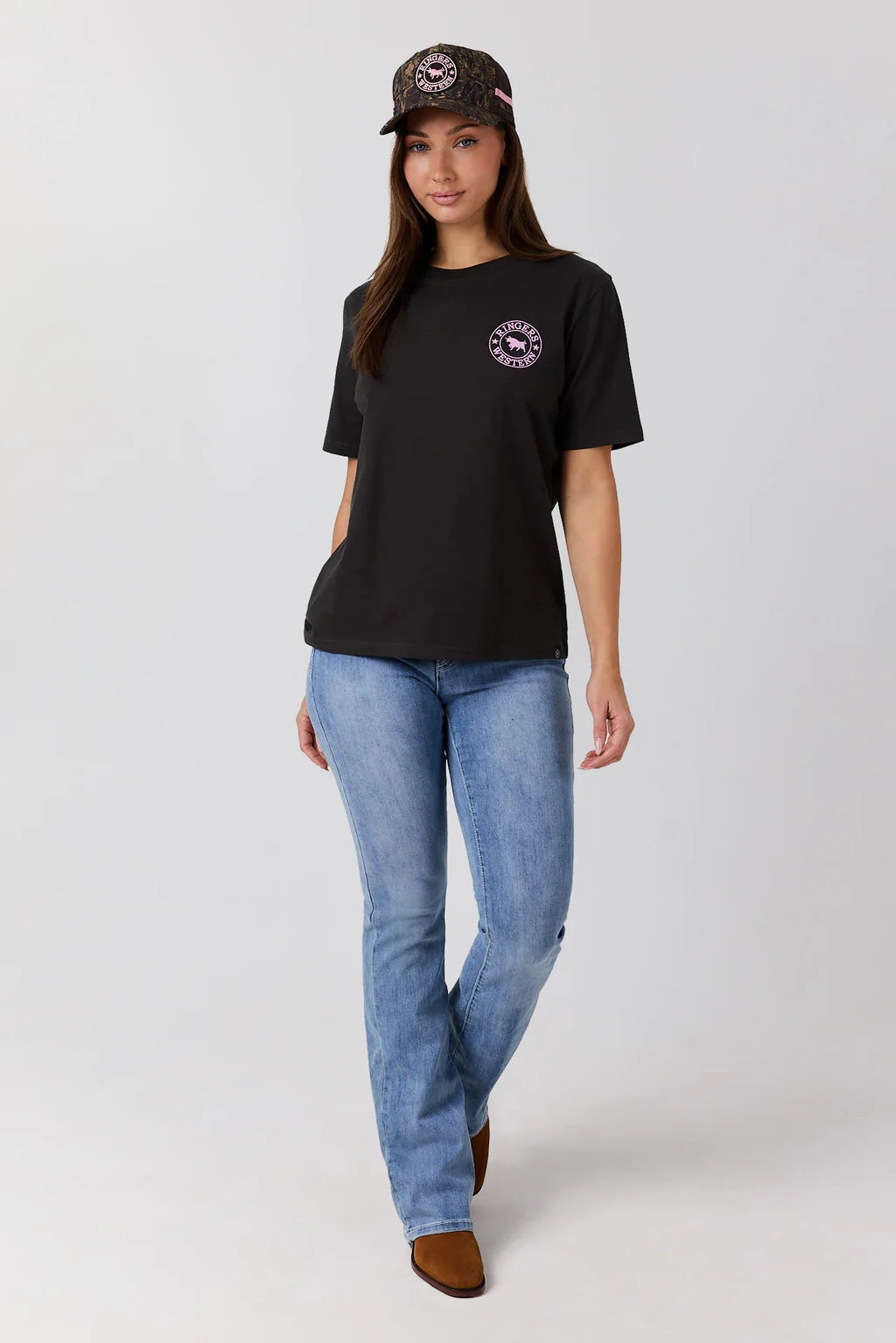 Ringers Western Women’s Signature Bull Loose T-Shirt - Charcoal/Pink Camo