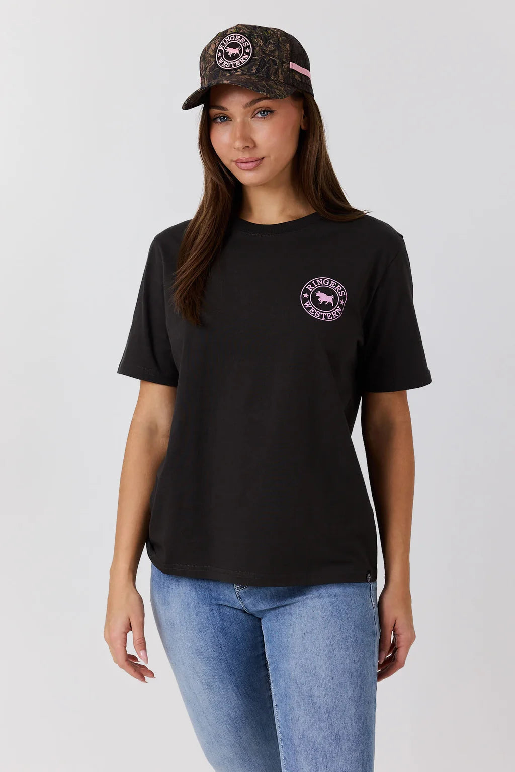 Ringers Western Women’s Signature Bull Loose T-Shirt - Charcoal/Pink Camo
