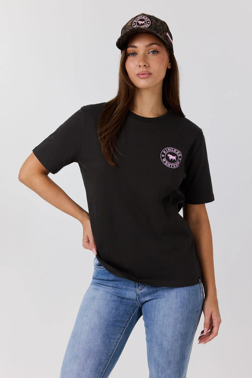 Ringers Western Women’s Signature Bull Loose T-Shirt - Charcoal/Pink Camo