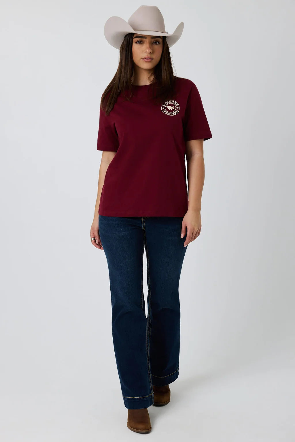 Ringers Western Womens Signature Bull Loose Fit  T-Shirt - Plum/Beige