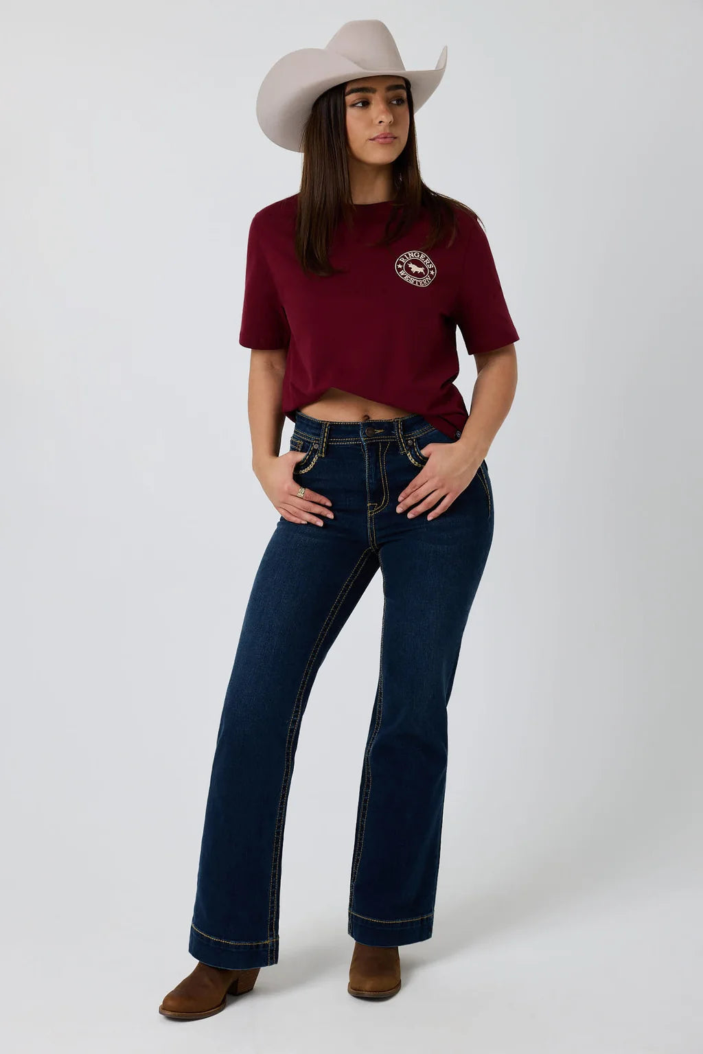 Ringers Western Womens Signature Bull Loose Fit  T-Shirt - Plum/Beige