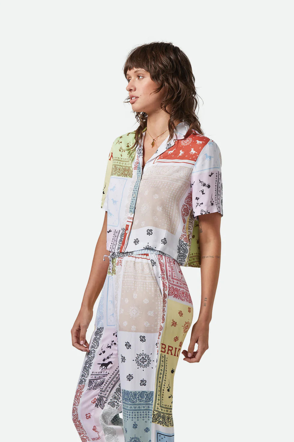 Brixton Ladies Silky Bowling Shirt in Multi Colour Bandana
