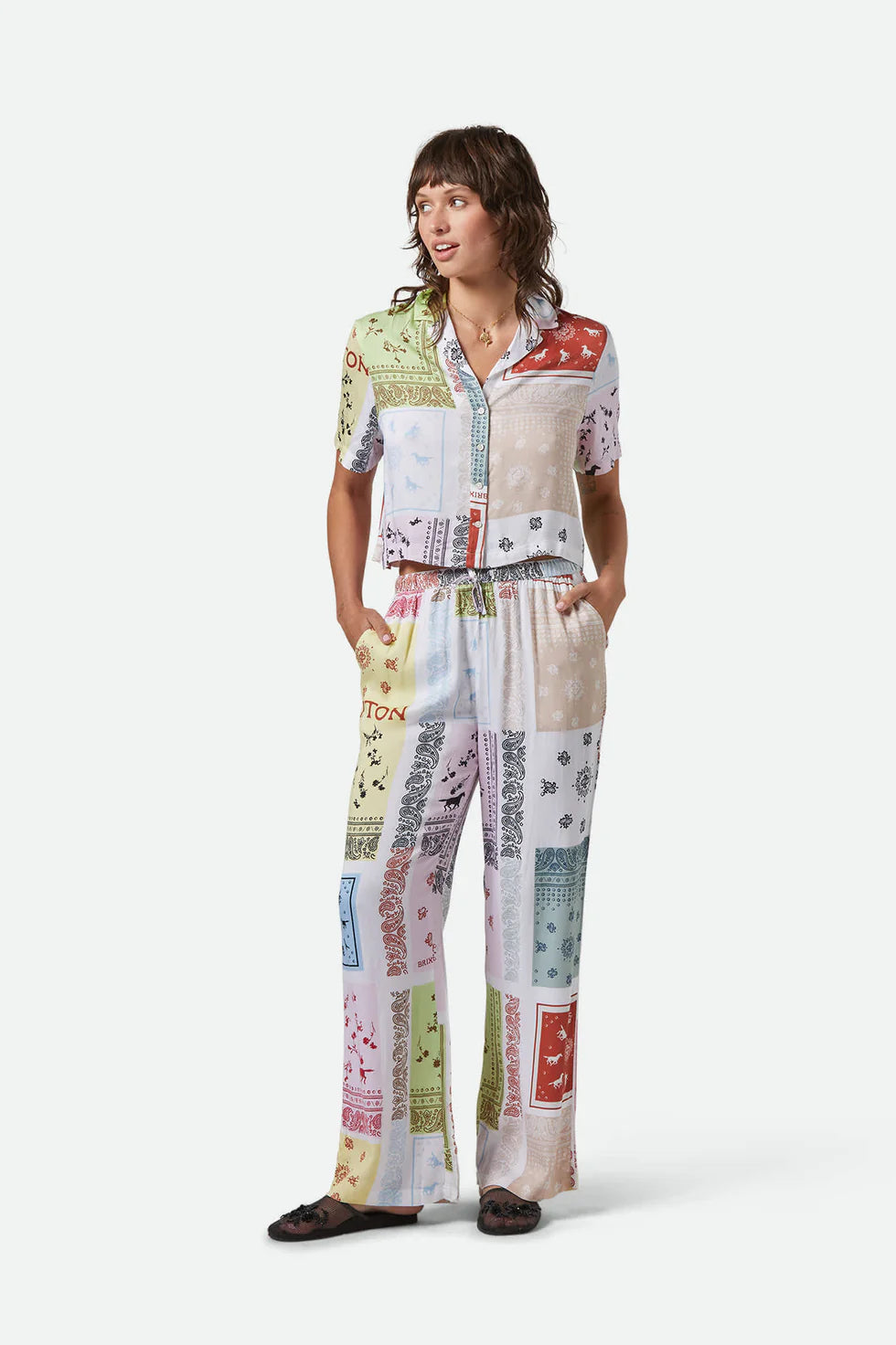 Brixton Ladies Silky Bowling Shirt in Multi Colour Bandana