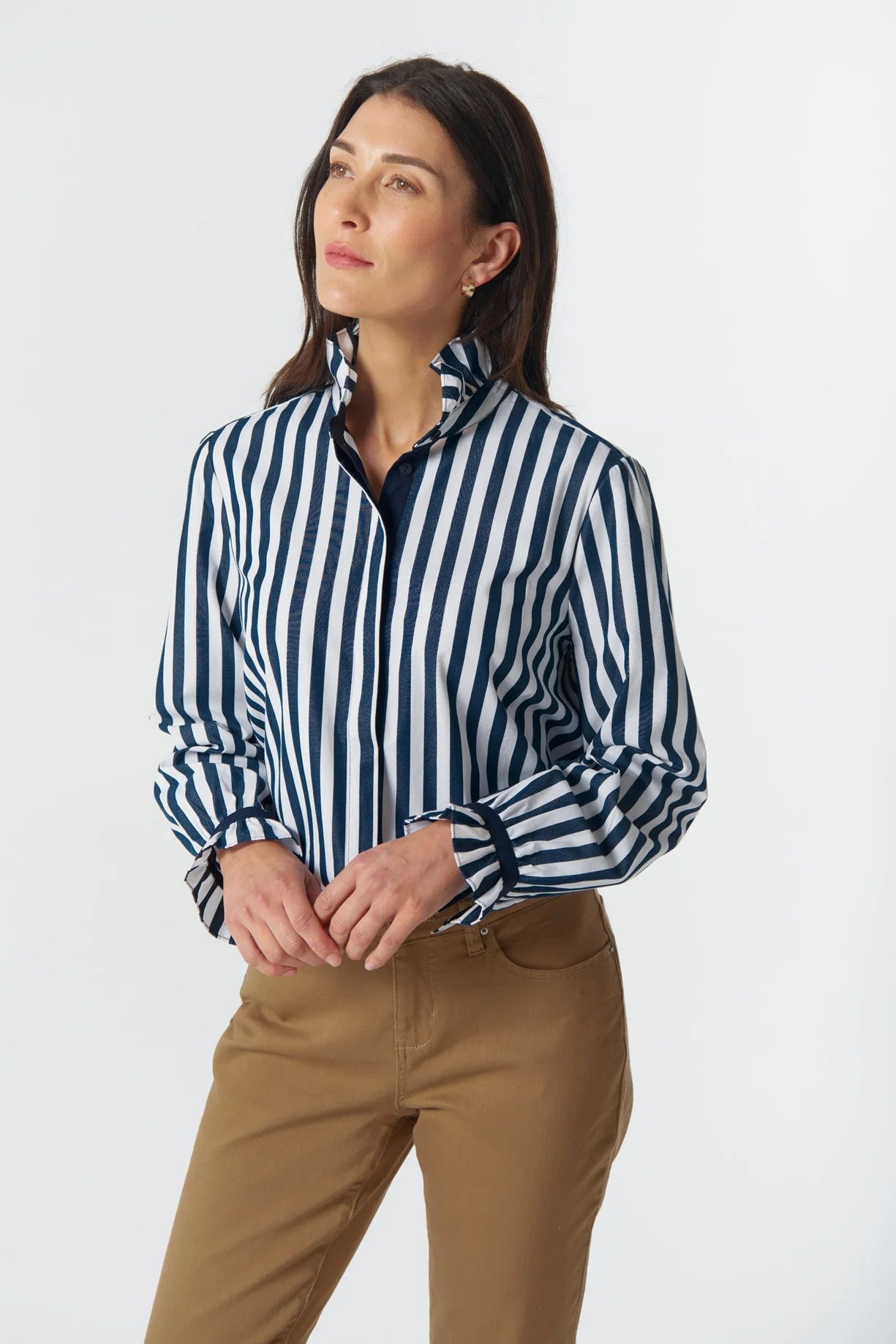 Goondiwindi Cotton Sky Frill Neck Cotton Shirt - Dark Navy/White