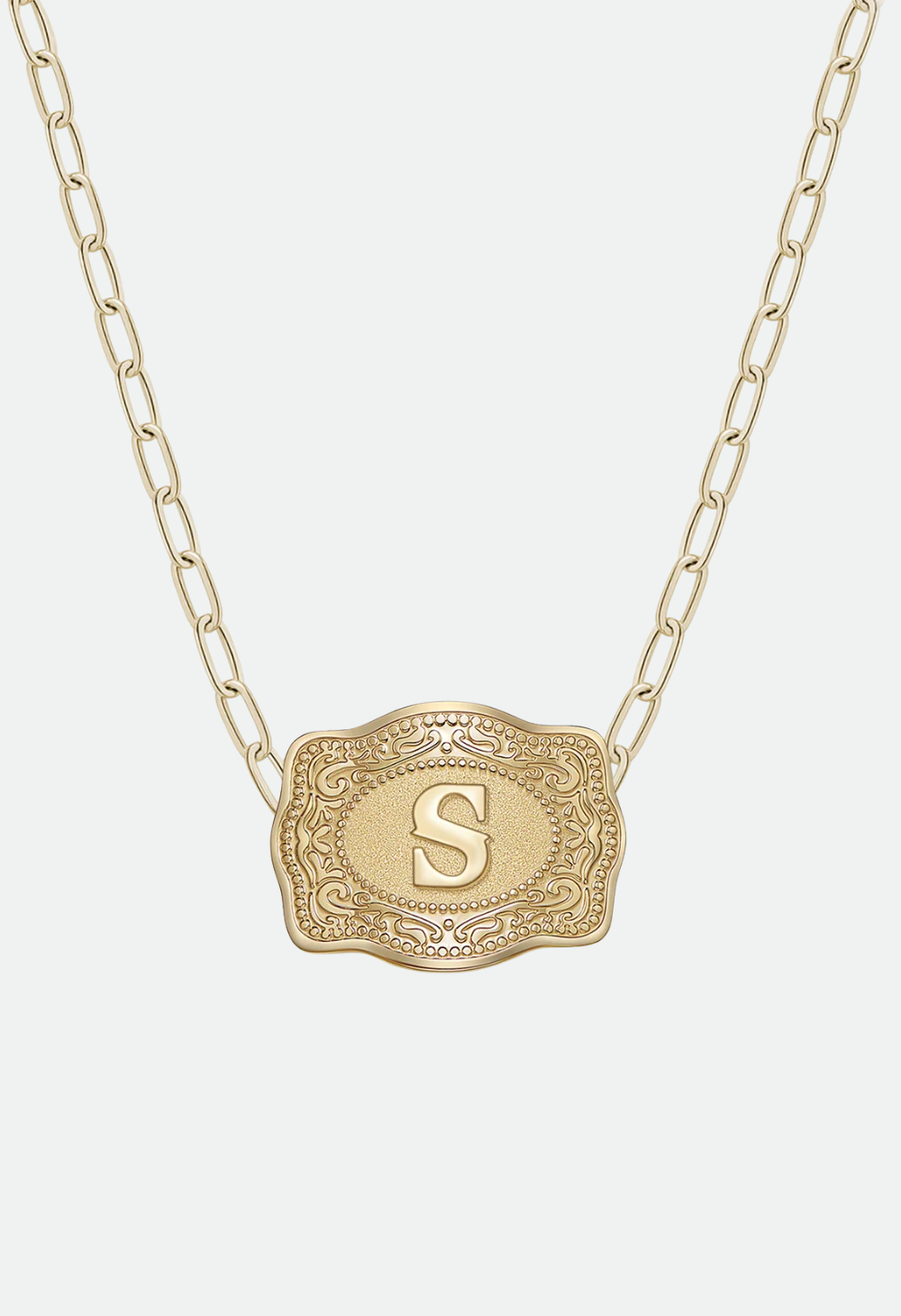 SpurWest Mini Belt Buckle Necklace (Initial) Paper Clip Chain (18" adjustable) - Gold