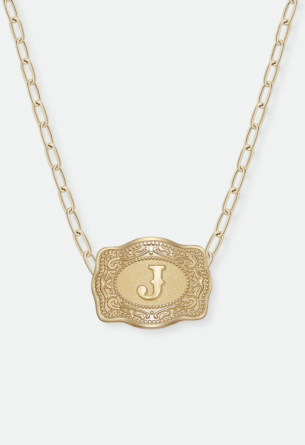 SpurWest Mini Belt Buckle Necklace (Initial) Paper Clip Chain (18" adjustable) - Gold