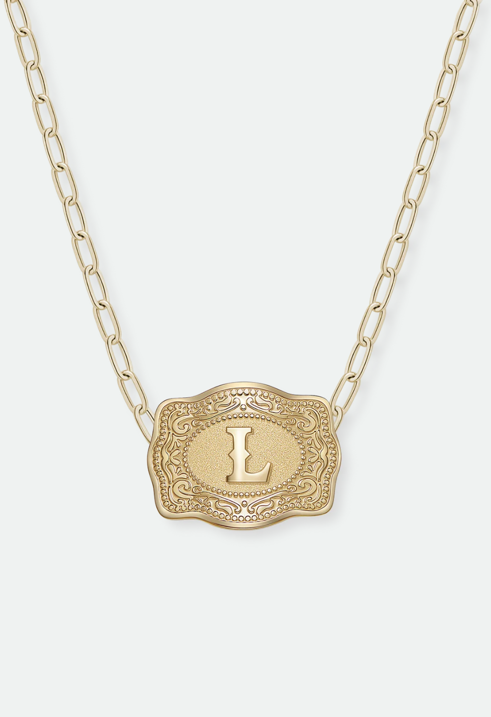 SpurWest Mini Belt Buckle Necklace (Initial) Paper Clip Chain (18" adjustable) - Gold