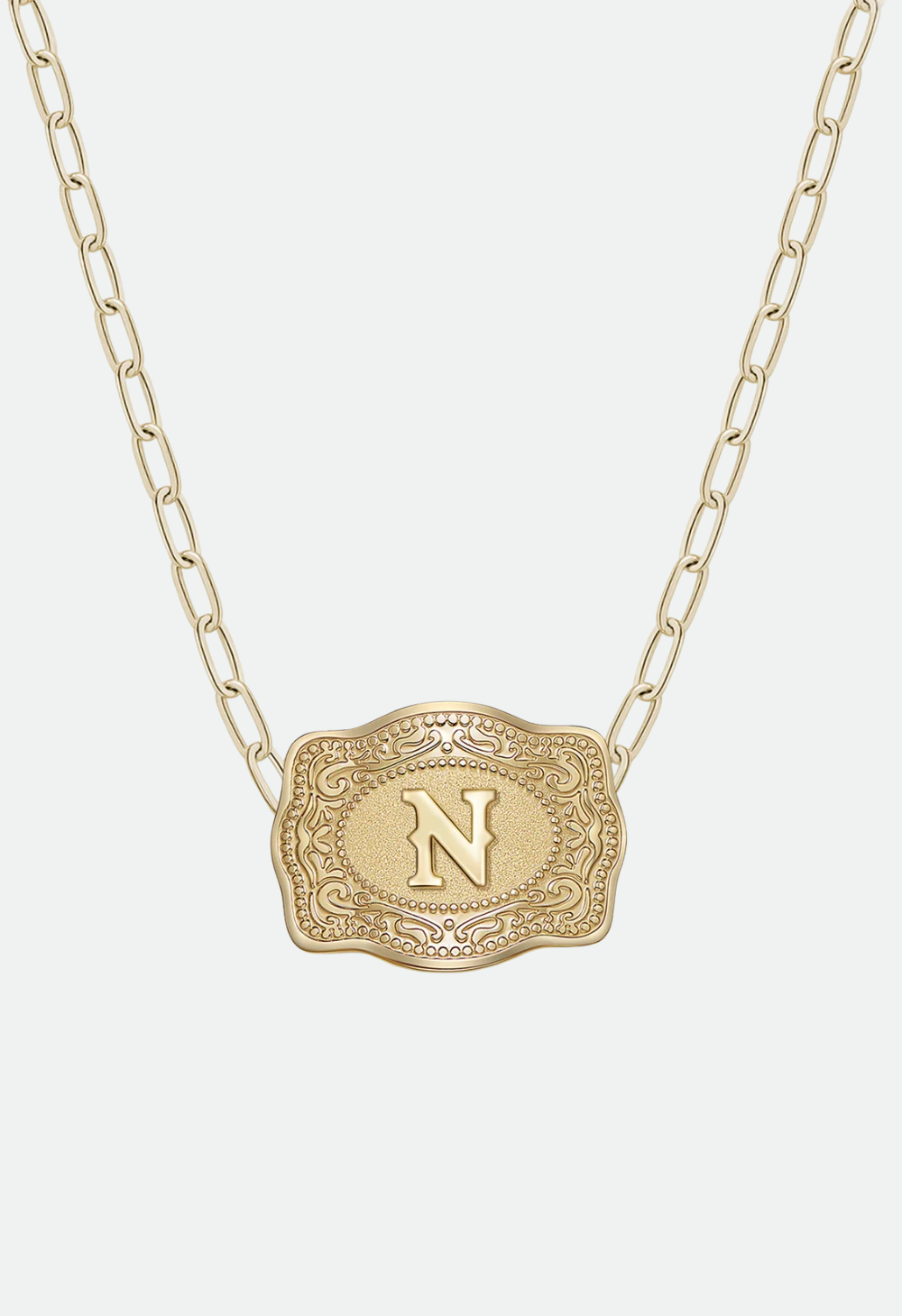 SpurWest Mini Belt Buckle Necklace (Initial) Paper Clip Chain (18" adjustable) - Gold