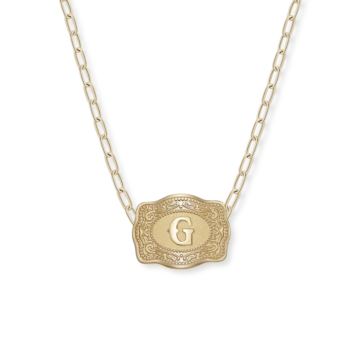 SpurWest Mini Belt Buckle Necklace (Initial) Paper Clip Chain (18" adjustable) - Gold