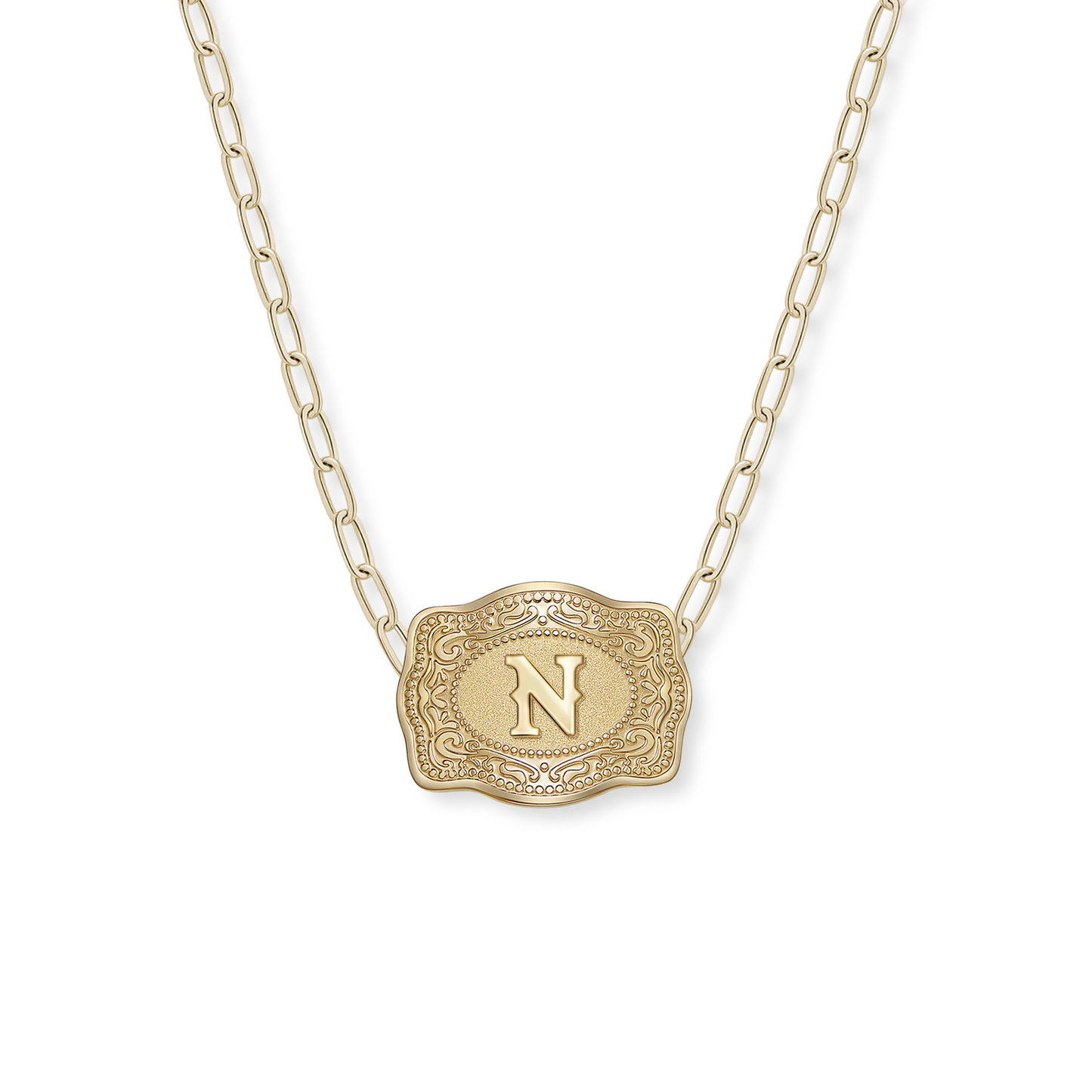 SpurWest Mini Belt Buckle Necklace (Initial) Paper Clip Chain (18" adjustable) - Gold