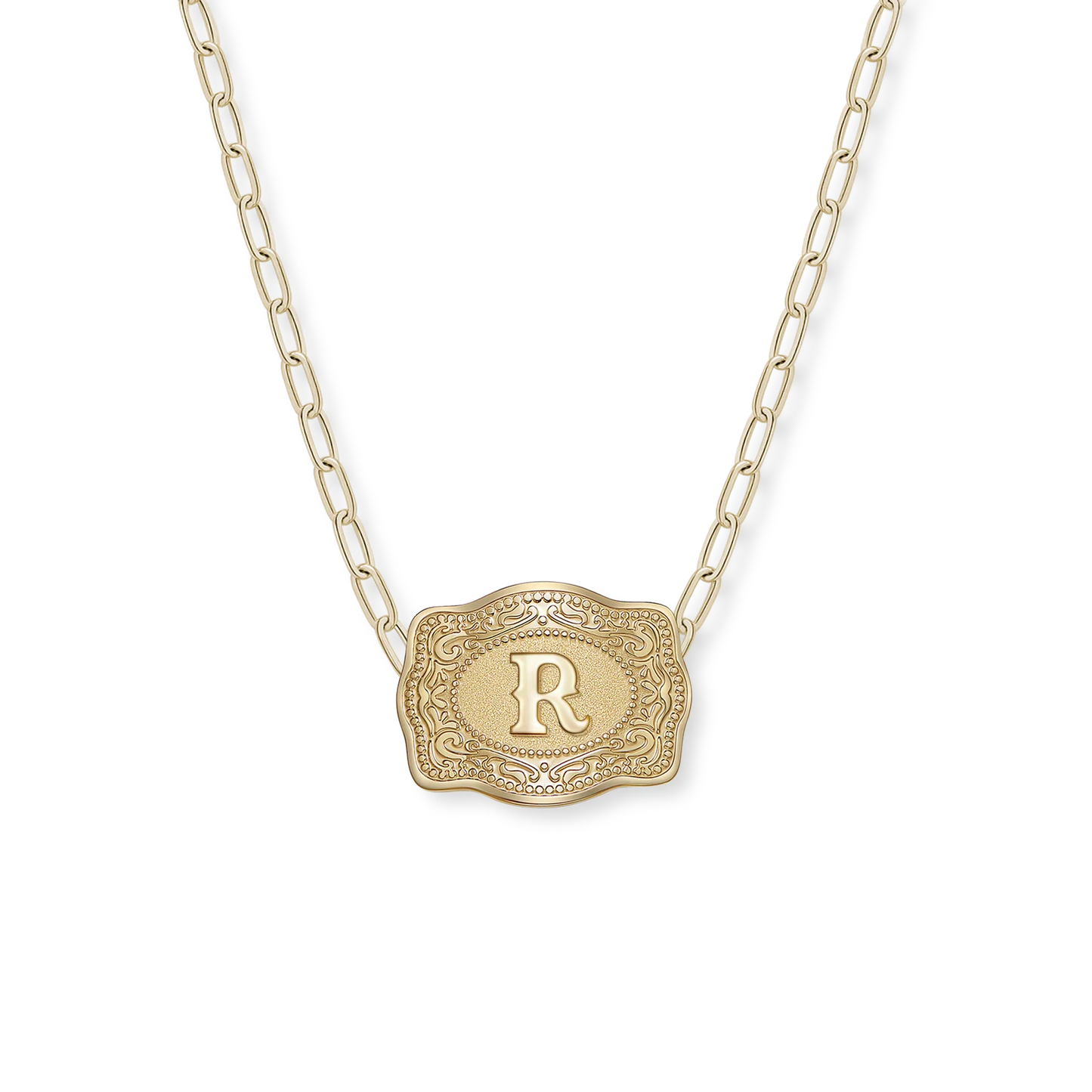 SpurWest Mini Belt Buckle Necklace (Initial) Paper Clip Chain (18" adjustable) - Gold