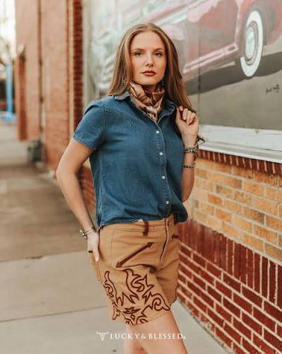 Lucky & Blessed Dark Wash Stretch Denim Pearl Snap Boot-stitch Embroidered Short Sleeve Top