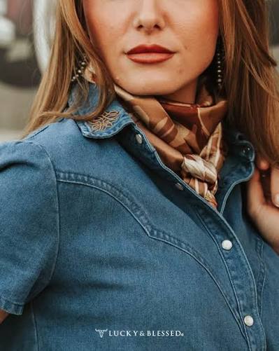 Lucky & Blessed Dark Wash Stretch Denim Pearl Snap Boot-stitch Embroidered Short Sleeve Top