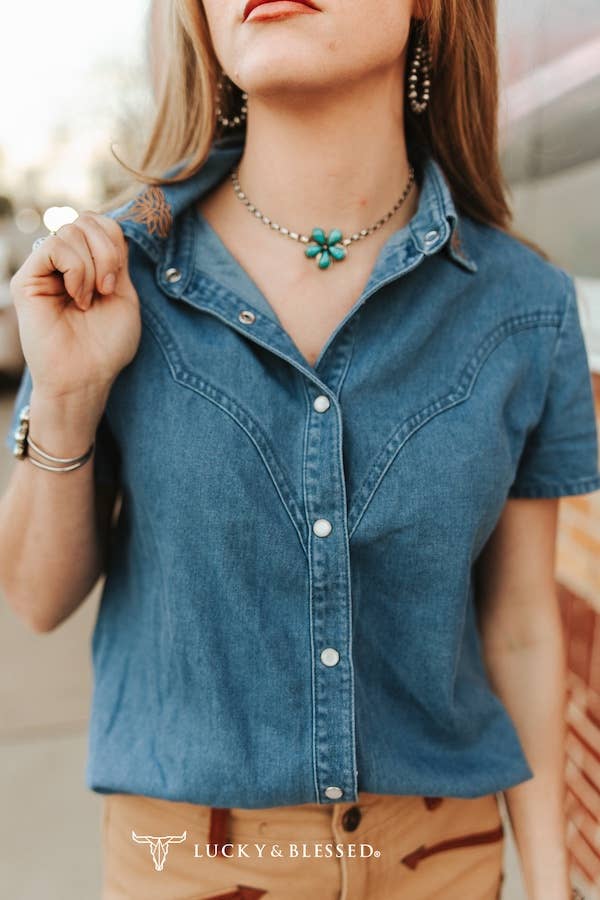 Lucky & Blessed Dark Wash Stretch Denim Pearl Snap Boot-stitch Embroidered Short Sleeve Top