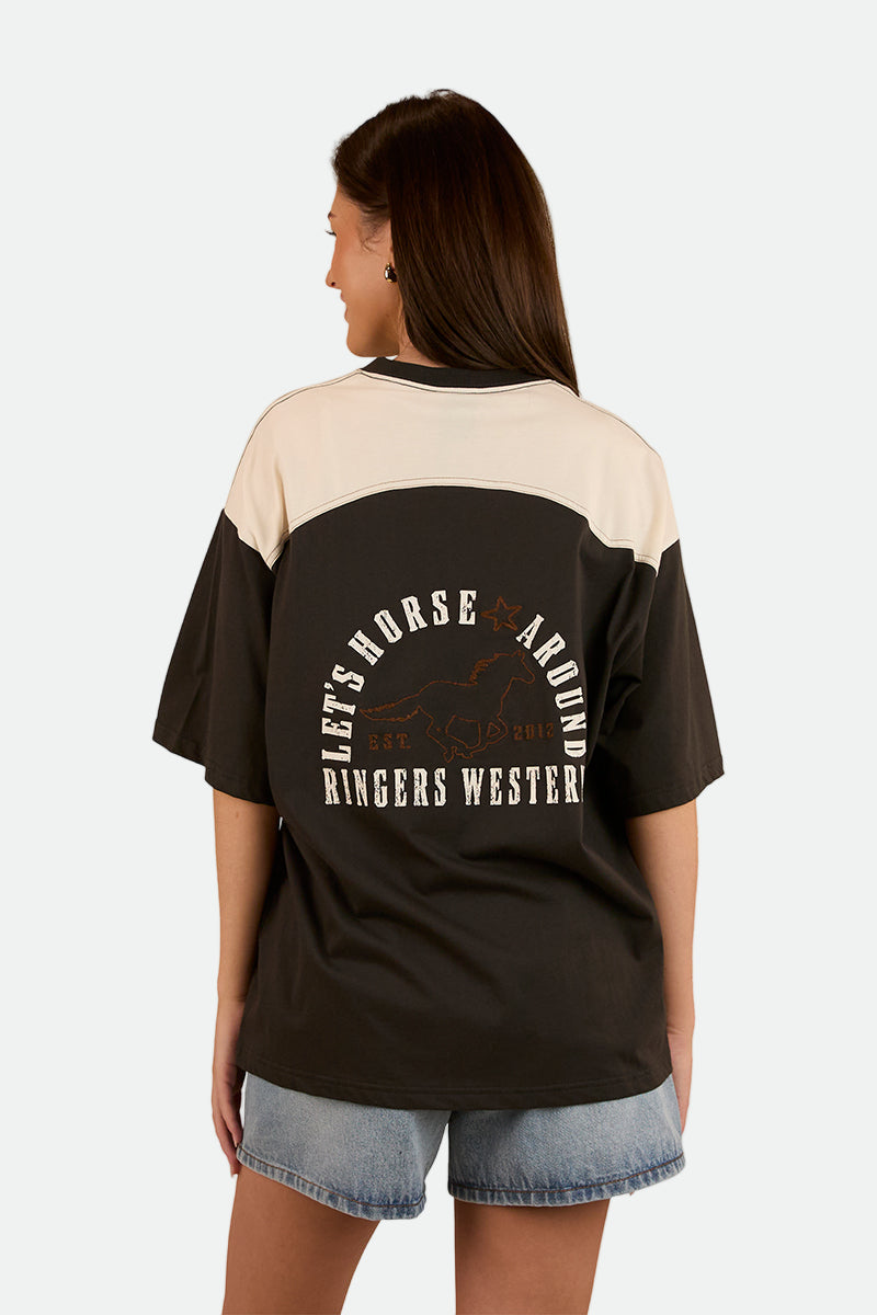 Ringers Western Womens Lets Horse Around Oversized T-Shirt - Washed Black / Off White